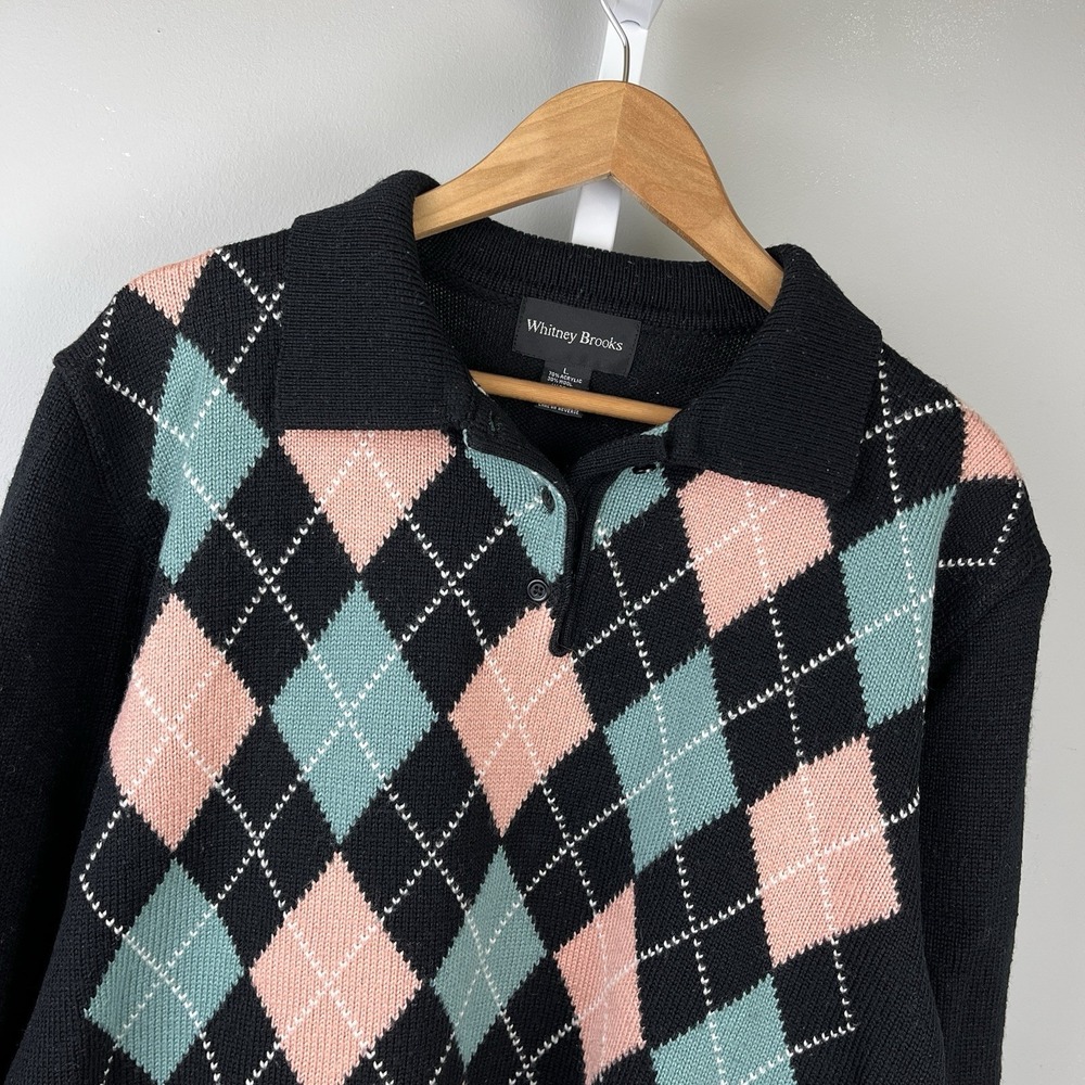Vintage 90s Whitney‎ Brooks Sweater Womens L Black Argyle Collared Wool Blend
